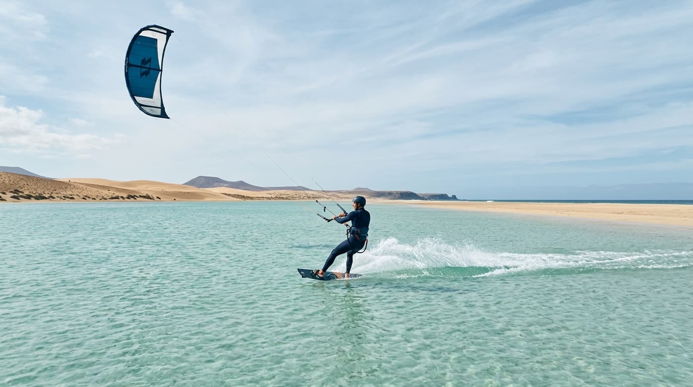 Kitesurfer auf dem türkisblauen Wasser der Sotavento Lagune vor der Küste von Costa Calma auf Fuerteventura