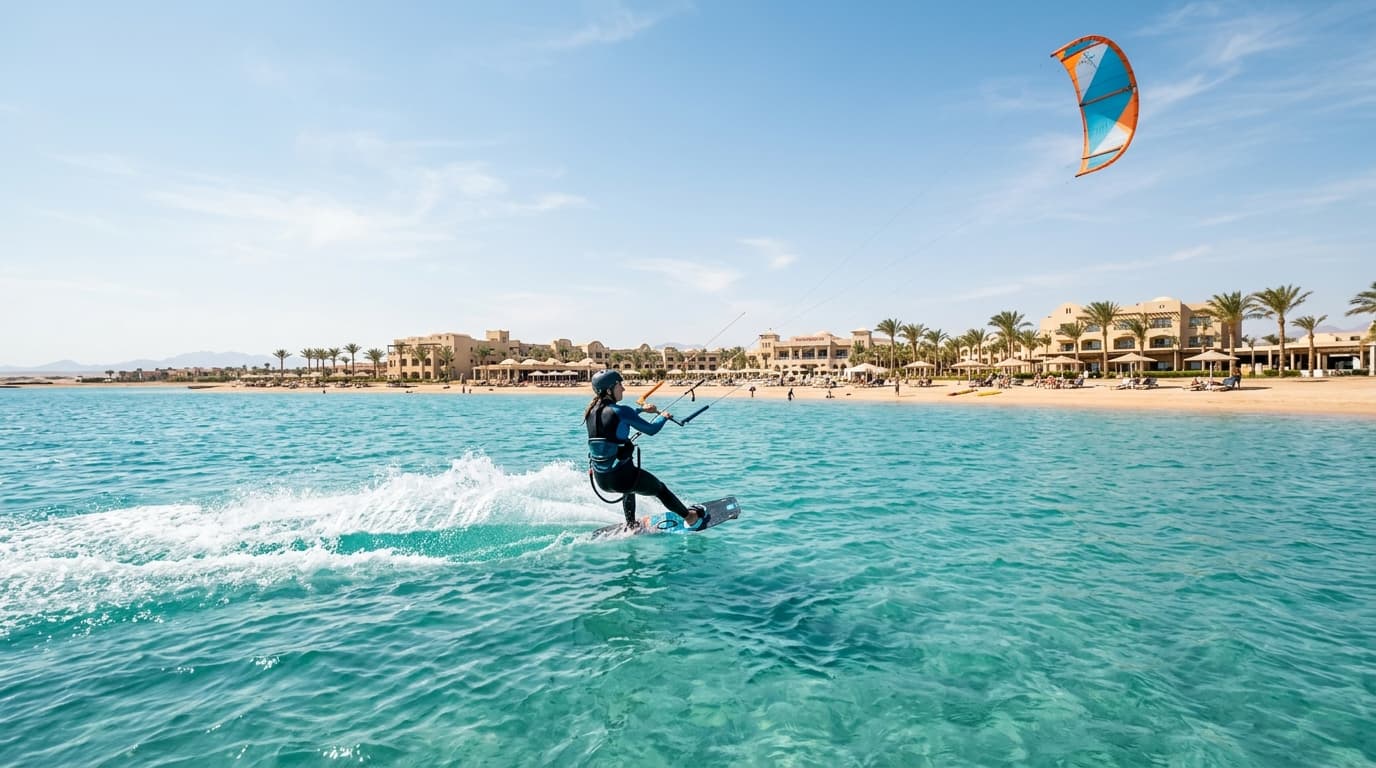 Ein Kitesurfer zieht seine Bahnen in der türkisfarbenen Flachwasserlagune vor dem Mövenpick Resort in El Gouna bei strahlendem Sonnenschein.