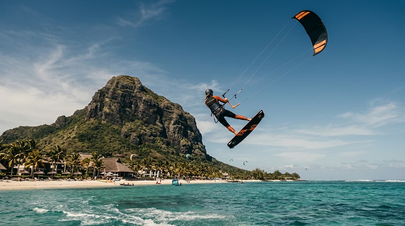 Kitesurfer springt vor der Kulisse des Berges Le Morne Brabant auf Mauritius im türkisfarbenen Wasser direkt vor einem Strandhotel