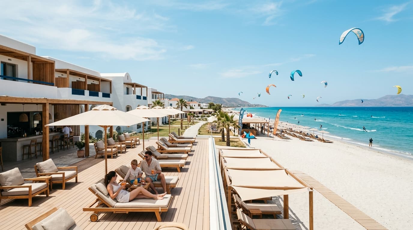 Familienfreundliches Hotel direkt am Strand von Marmari mit Kitesurf-Station am Meer