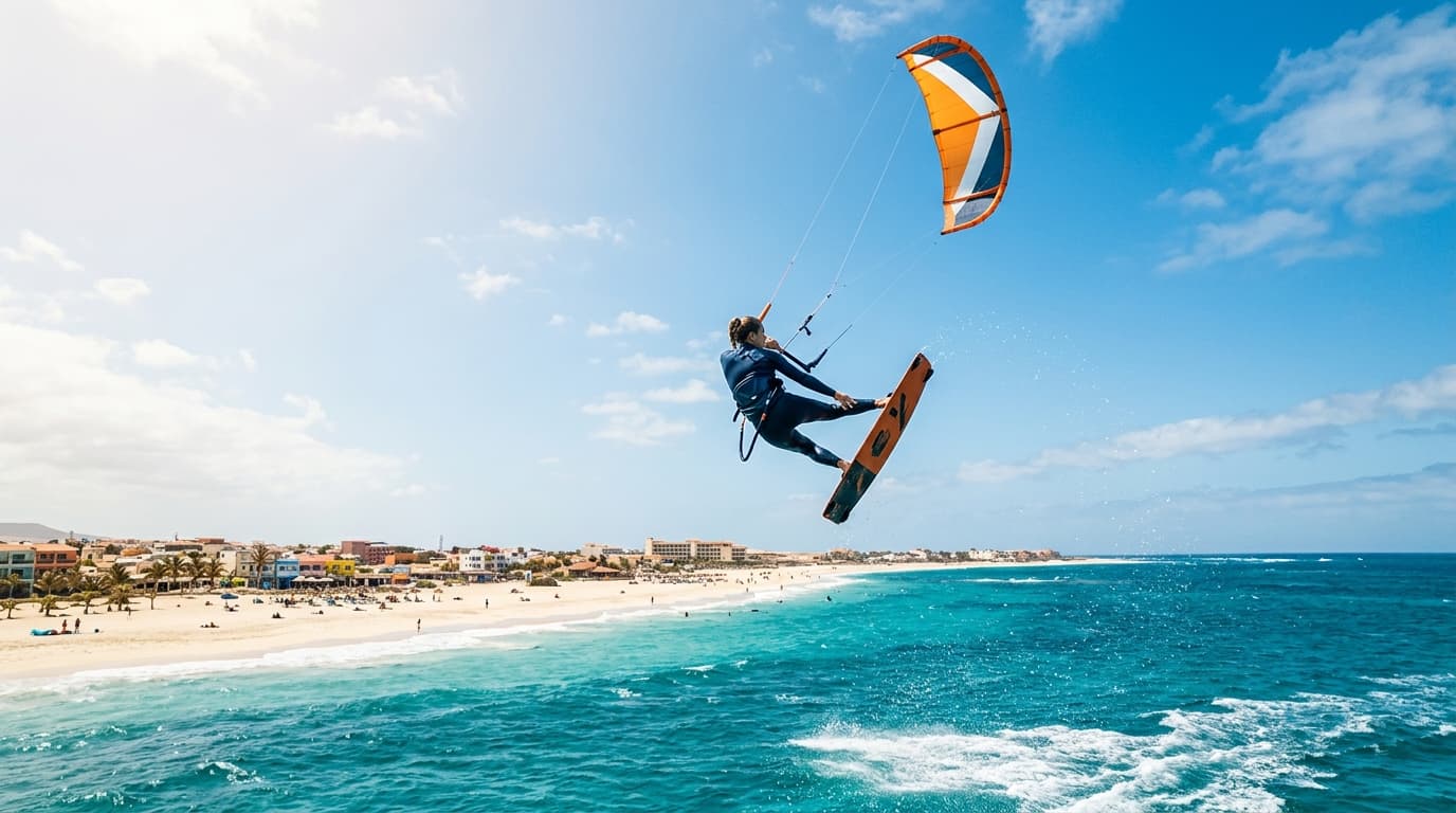 Kitesurfer springt über das türkisfarbene Wasser vor dem feinen Sandstrand von Santa Maria auf Sal bei strahlendem Sonnenschein.