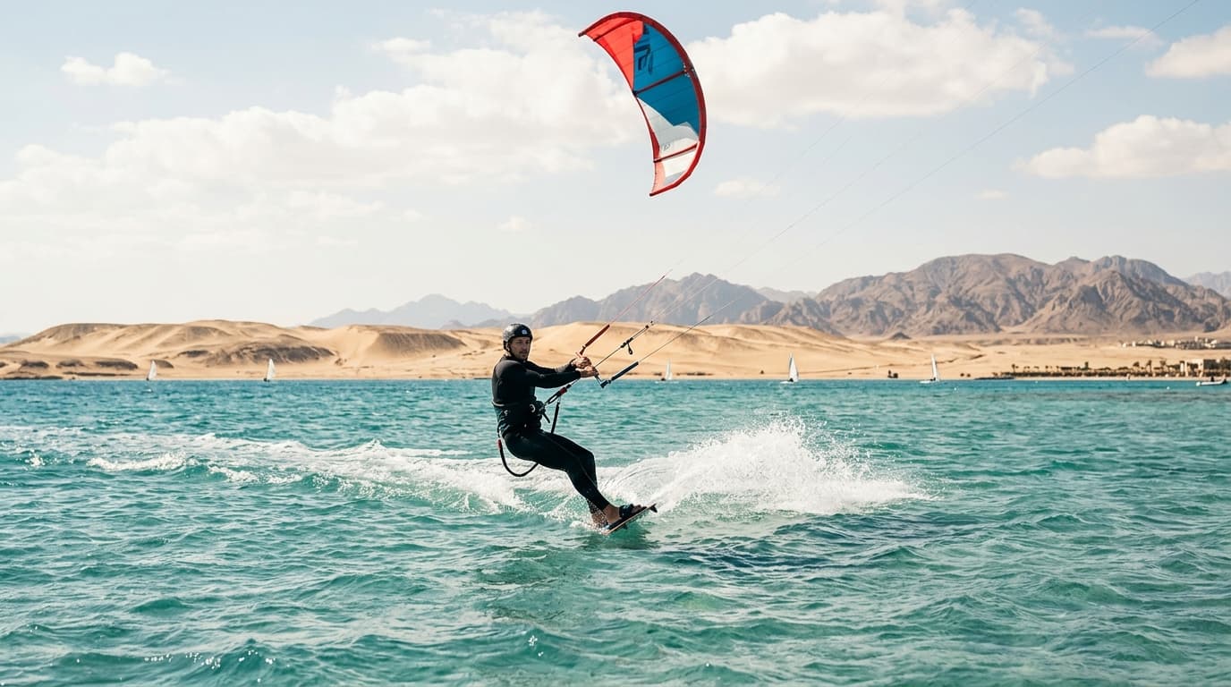 Ein Kitesurfer gleitet bei strahlendem Sonnenschein und türkisfarbenem Wasser vor der malerischen Wüstenkulisse der Soma Bay in Ägypten.