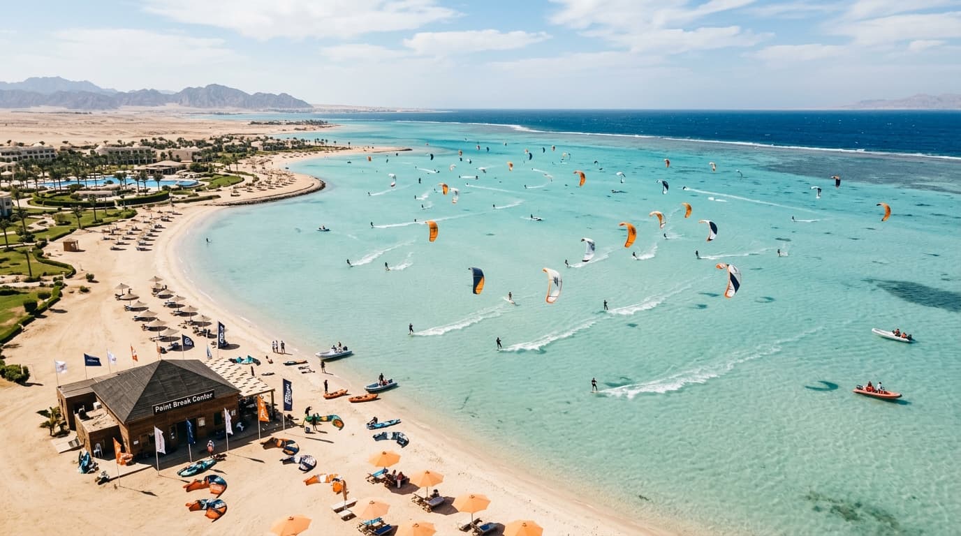 Luftaufnahme des Kitespots am Mövenpick Resort Soma Bay mit dem Point Break Center und dem Stehrevier im Roten Meer