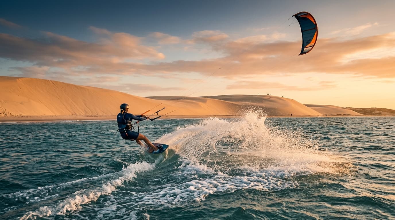 Ein Kitesurfer zieht eine Gischtspur im Abendlicht vor den Sanddünen von Jericoacoara an der Nordostküste Brasiliens.
