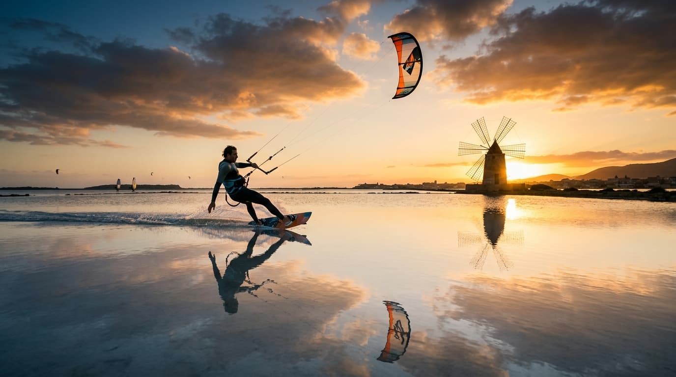 Kitesurfer in der stehtiefen Lagune Lo Stagnone auf Sizilien vor einer historischen Windmühle bei Sonnenuntergang