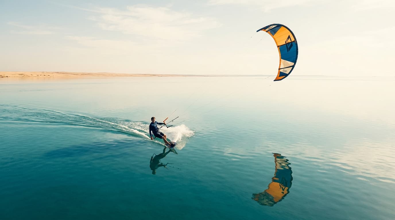 Kitesurfer in einer stehtiefen Flachwasserlagune bei sonnigen Windbedingungen