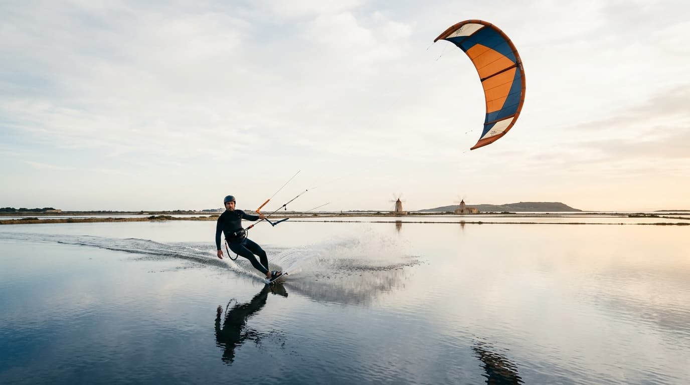 Kitesurfer auf dem flachen Wasser der Lagune Lo Stagnone auf Sizilien bei Wind mit Kiteschirm im Hintergrund