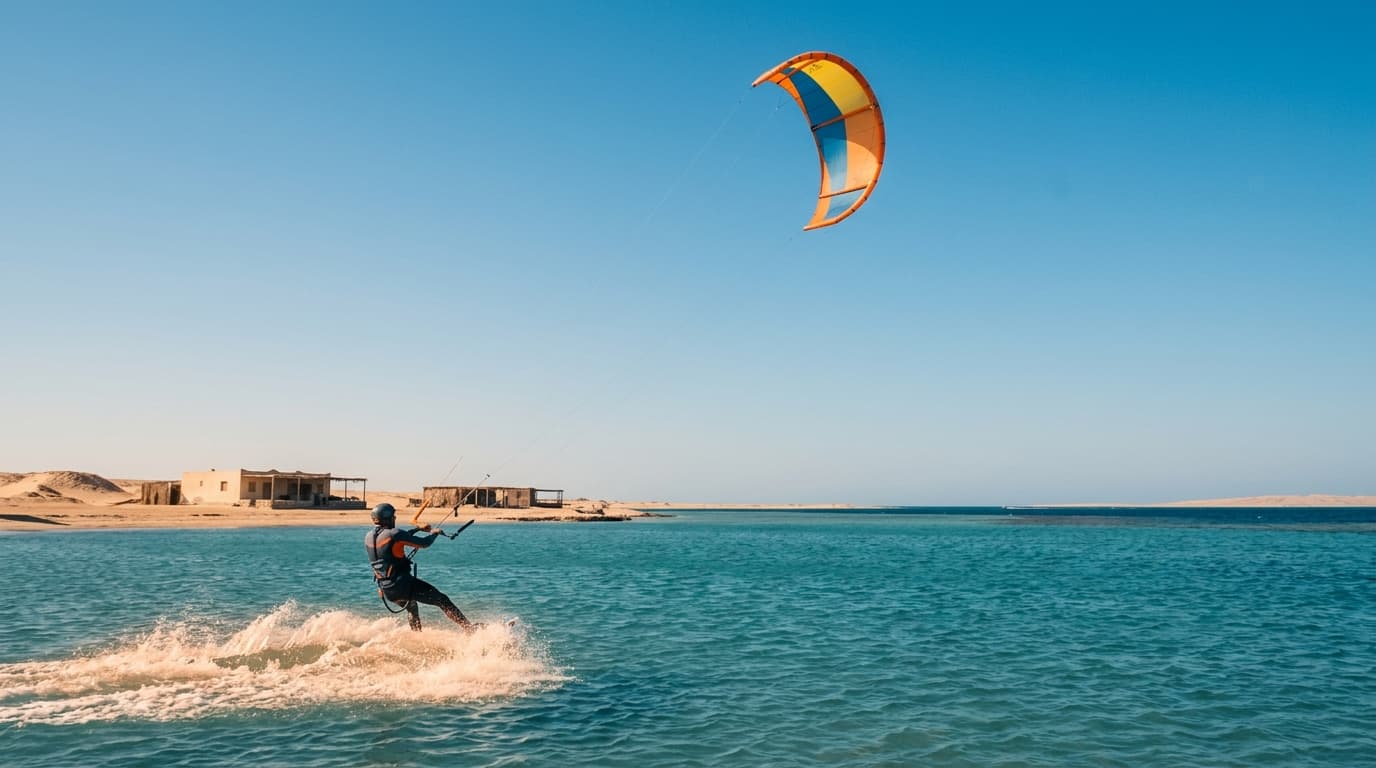 Ein Kitesurfer gleitet über das türkisfarbene, flache Stehrevier in einer sonnigen Lagune in Ägypten unter wolkenlosem Himmel.
