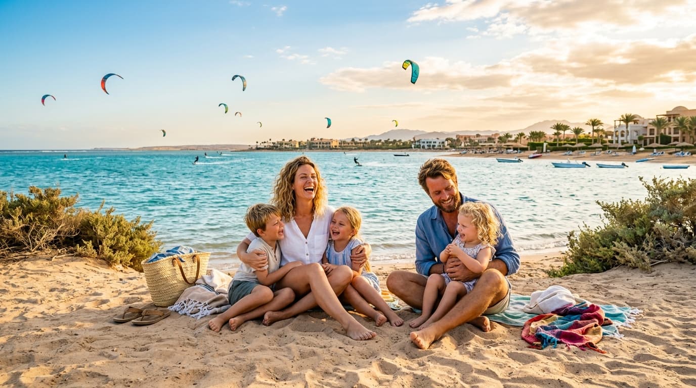 Eine glückliche Familie am sandigen Strand von El Gouna, im Hintergrund Kitesurfer auf der türkisfarbenen Lagune unter strahlend blauem Himmel