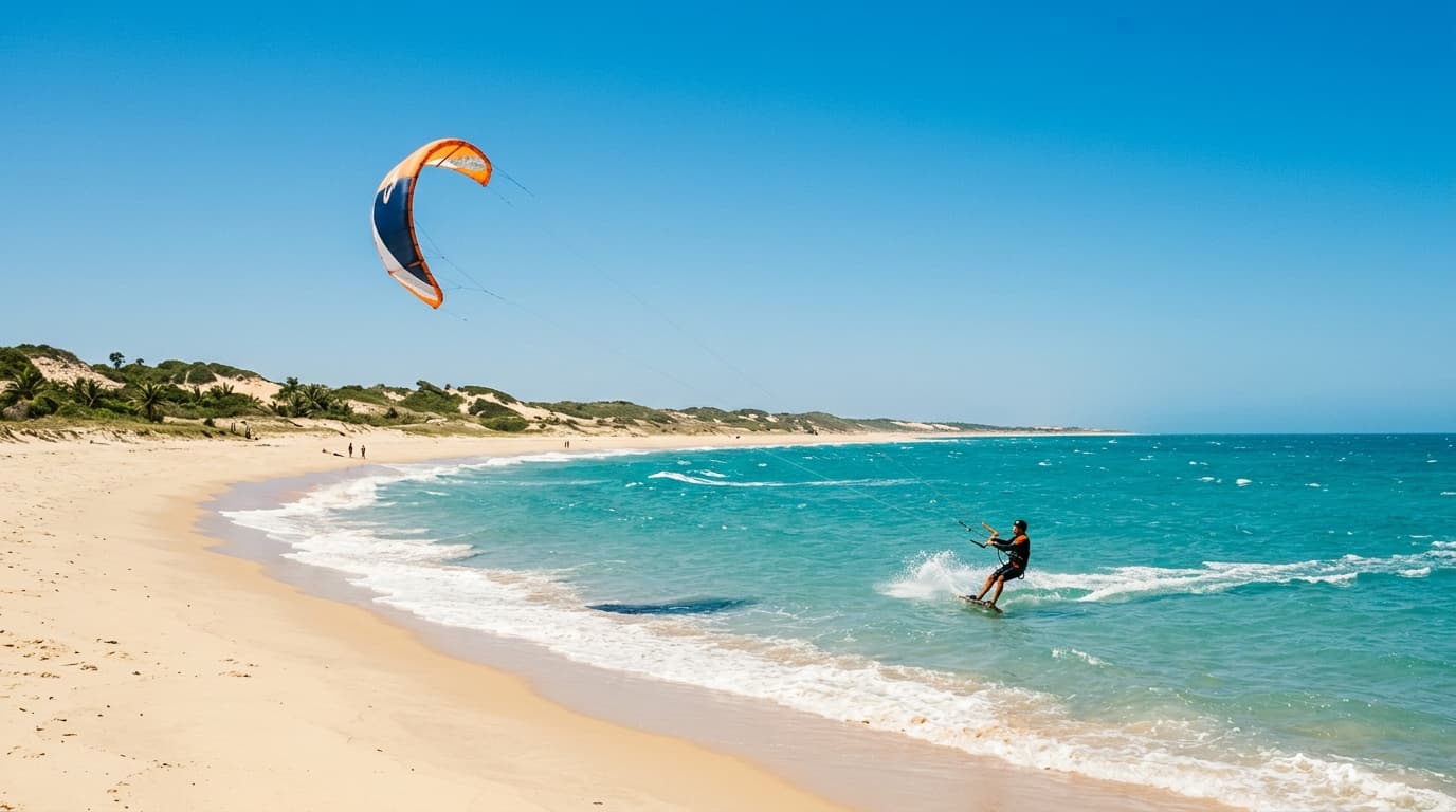 Kitesurfer auf dem türkisfarbenen Wasser an einem Sandstrand in Nordbrasilien unter strahlend blauem Himmel