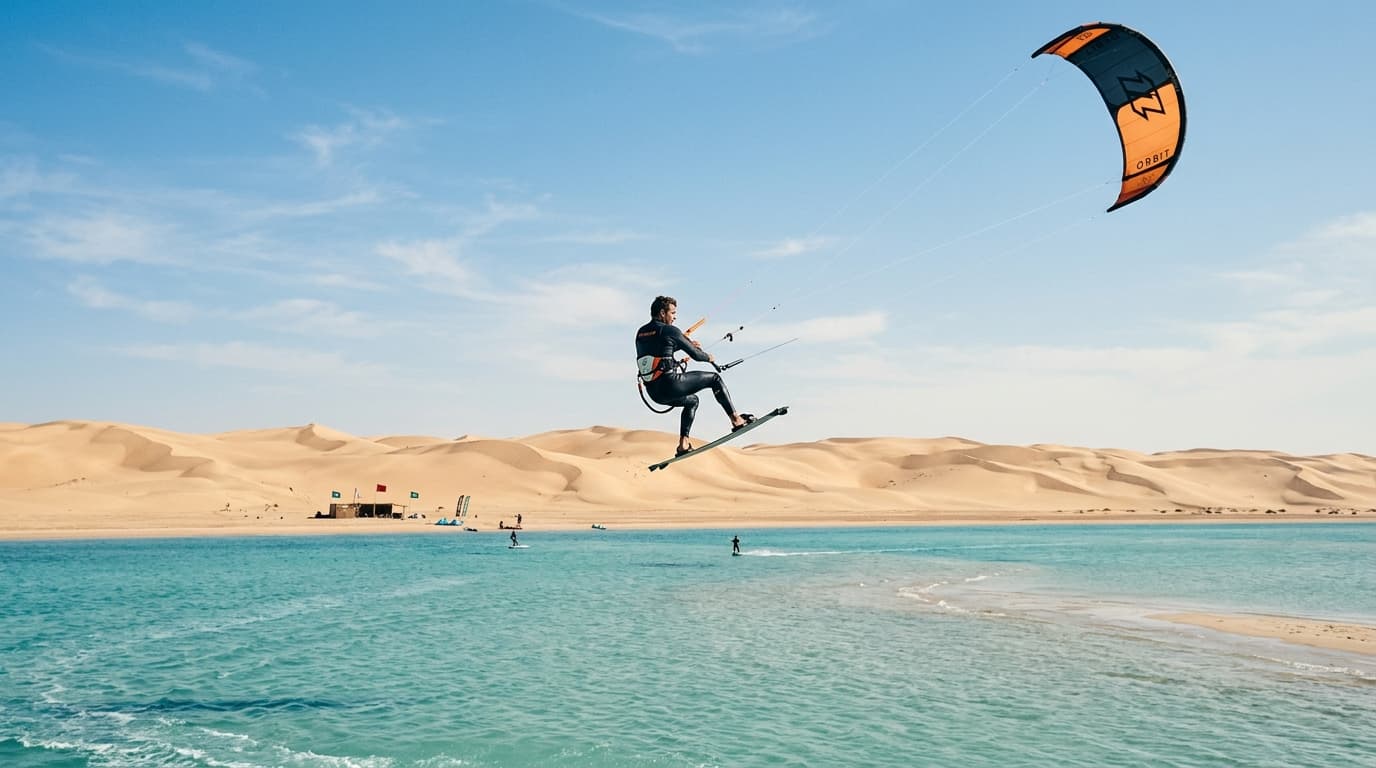 Kitesurfer springt über das türkisfarbene Flachwasser der Lagune in Dakhla, Marokko vor den sandigen Dünen der Sahara-Wüste.