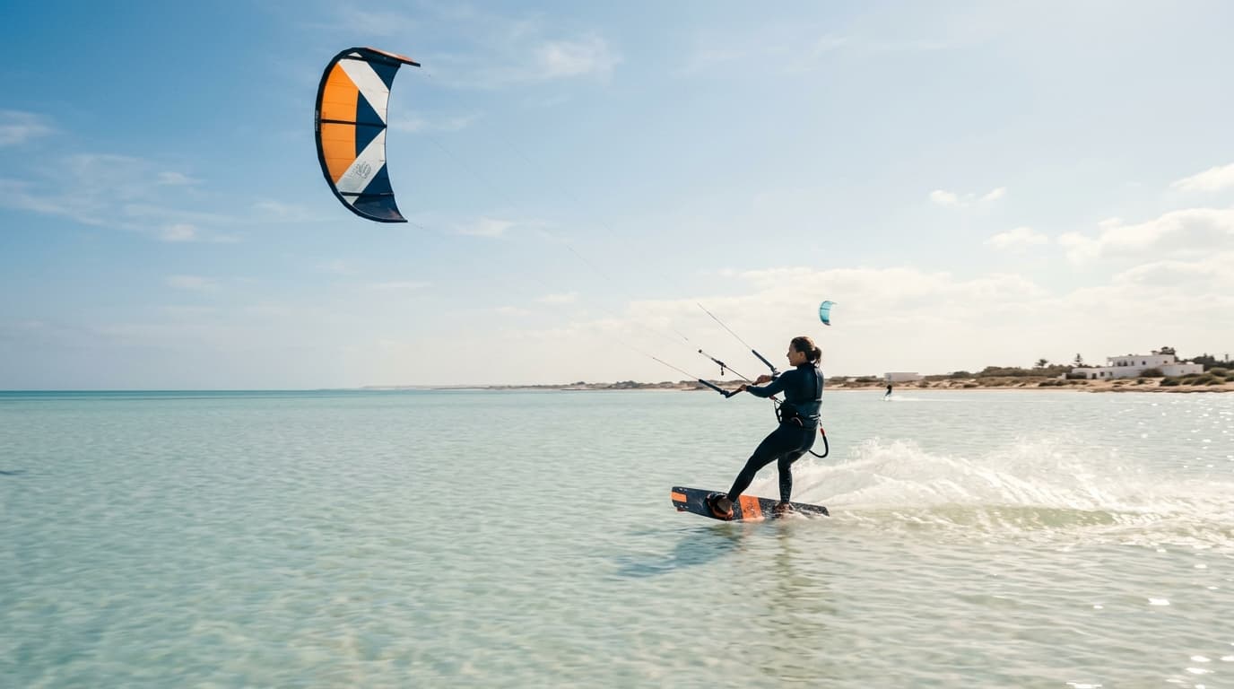 Kitesurfer auf der flachen Lagune von Djerba bei Sonnenschein und stetigem Wind in Tunesien.