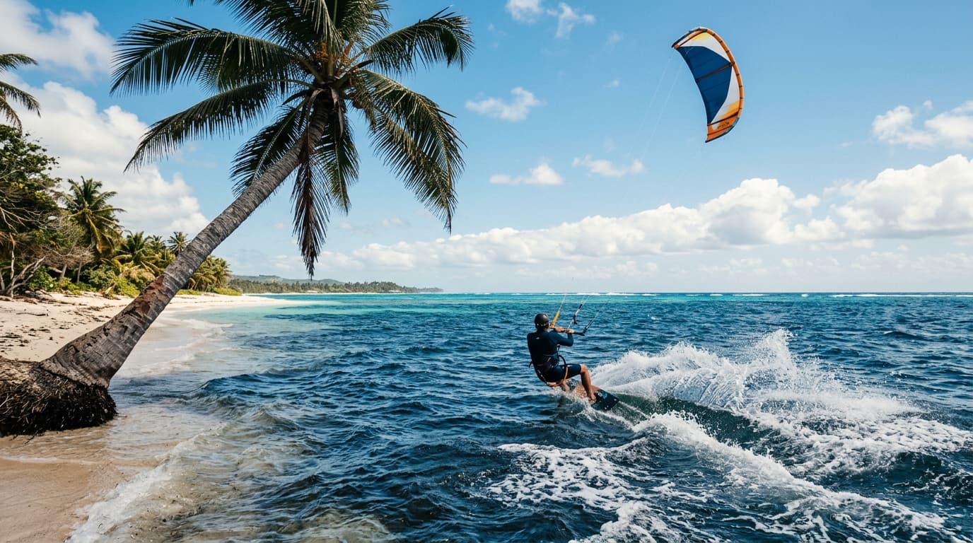 Kitesurfer auf dem blauen Wasser vor einer Palme an einem Fernreise-Kitespot bei sonnigem Wetter