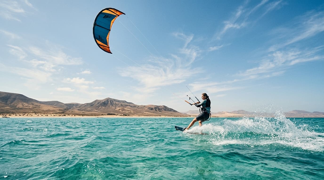 Kitesurfer auf dem türkisfarbenen Wasser in der Lagune von Sotavento auf Fuerteventura bei klarem Himmel.