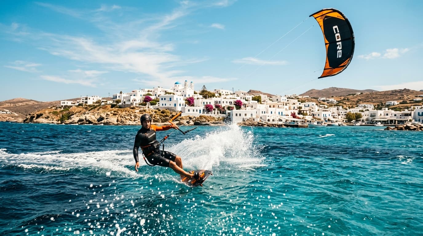 Kitesurfer auf dem türkisfarbenen Wasser vor einer griechischen Insel bei sommerlichem Meltemi-Wind