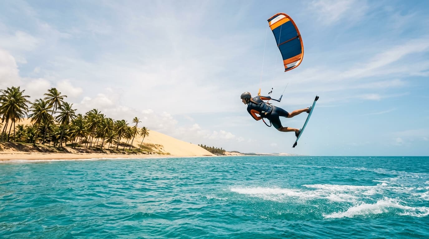 Ein Kitesurfer fliegt mit einem Kite über das türkisblaue Wasser vor einer von Palmen gesäumten Sanddüne an der Küste von Ceará in Brasilien.