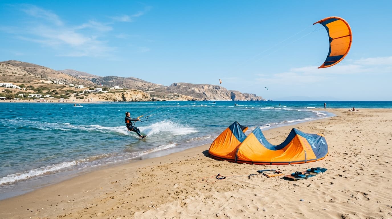 Kitesurfer auf dem blauen Wasser vor der Küste von Rhodos bei sonnigem Wetter mit aufgebautem Drachen am Strand