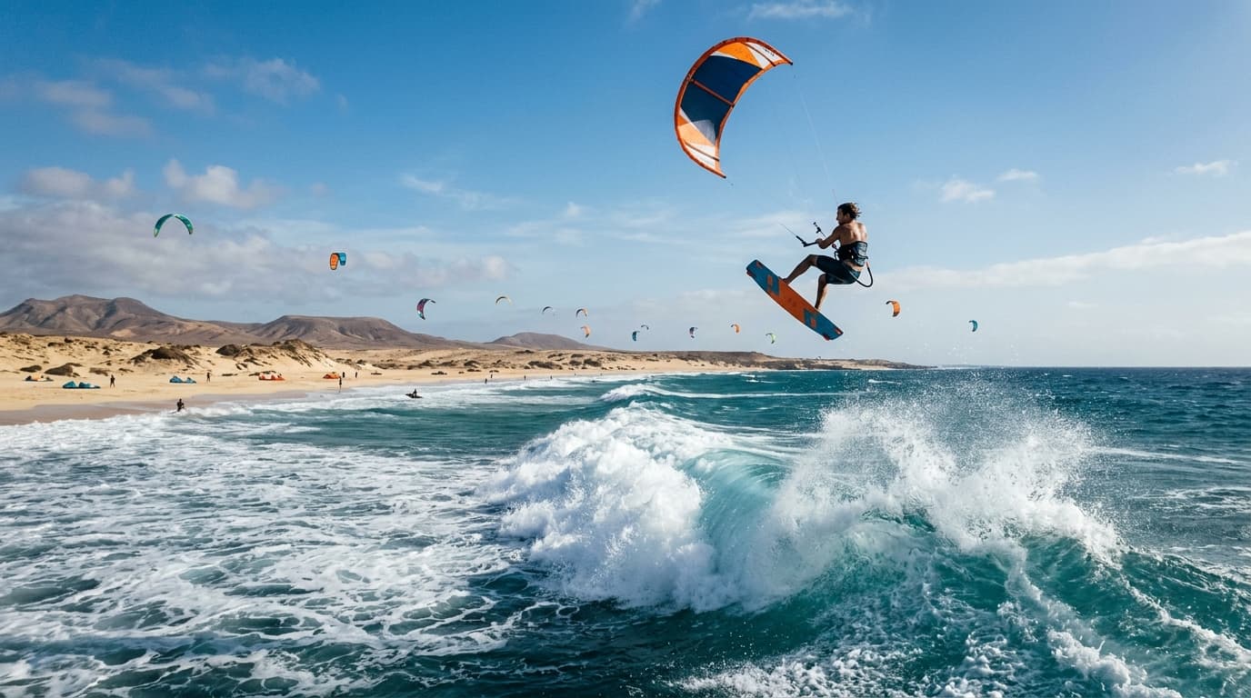 Kitesurfer springt vor dem sandigen Kite Beach auf Sal, Kapverden, bei starkem Passatwind über eine Welle, mit bunten Kites im Hintergrund.