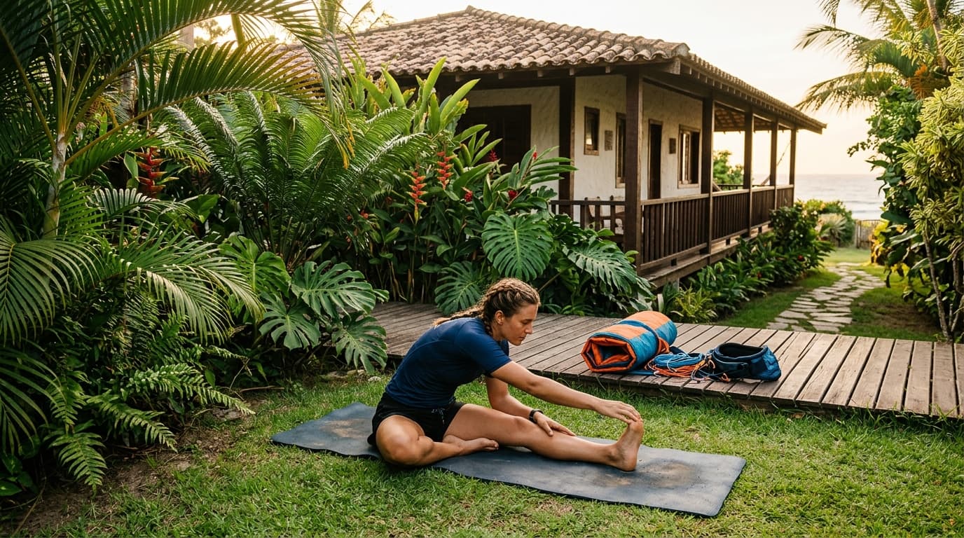 Ein Kitesurfer dehnt sich nach der Session im Garten einer brasilianischen Pousada