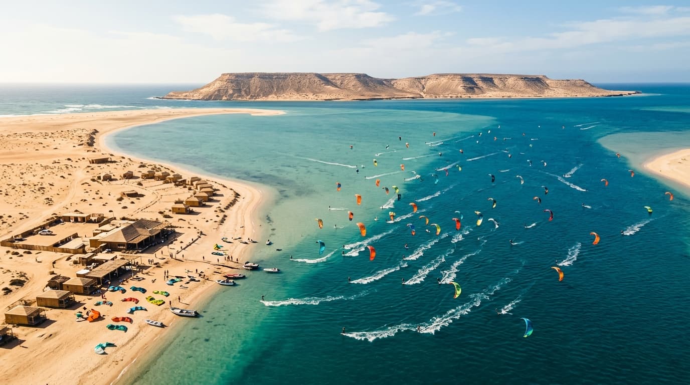 Luftaufnahme der Kitesurf-Lagune Dakhla beim Dakhla Attitude Camp mit Dragon Island im Hintergrund