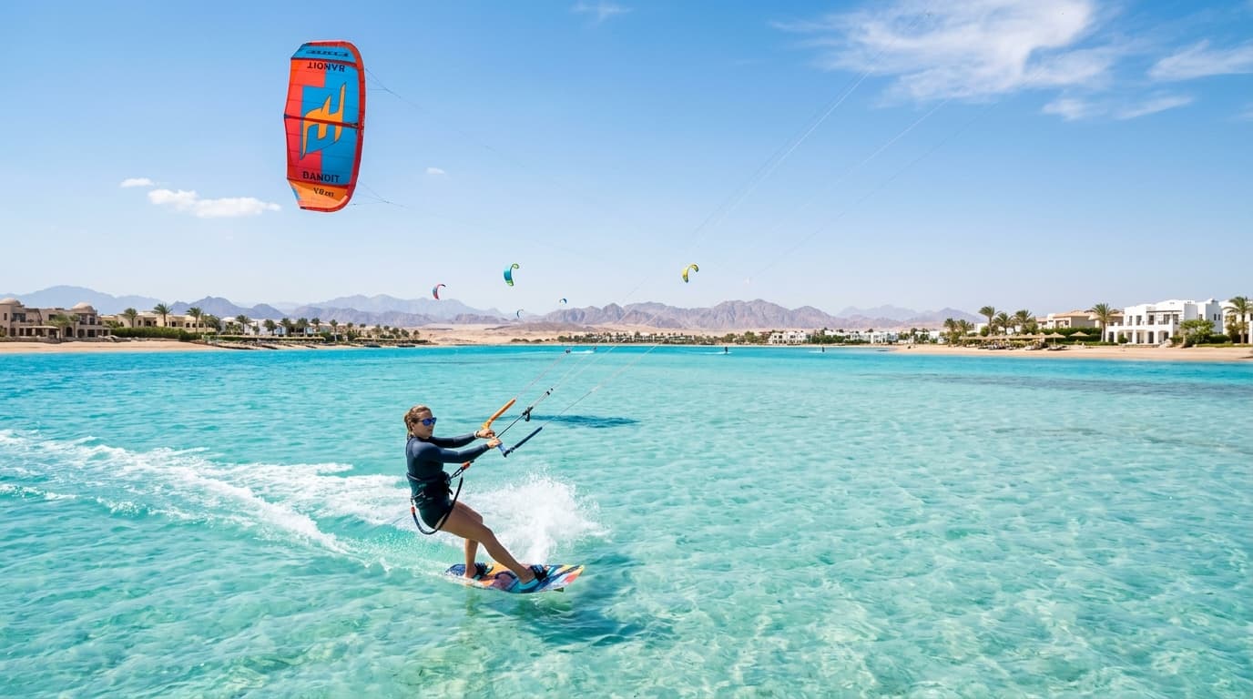 Ein Kitesurfer gleitet bei strahlendem Sonnenschein und konstantem Wind ueber das tuerkisfarbene Flachwasser einer riesigen Lagune vor El Gouna am Roten Meer.
