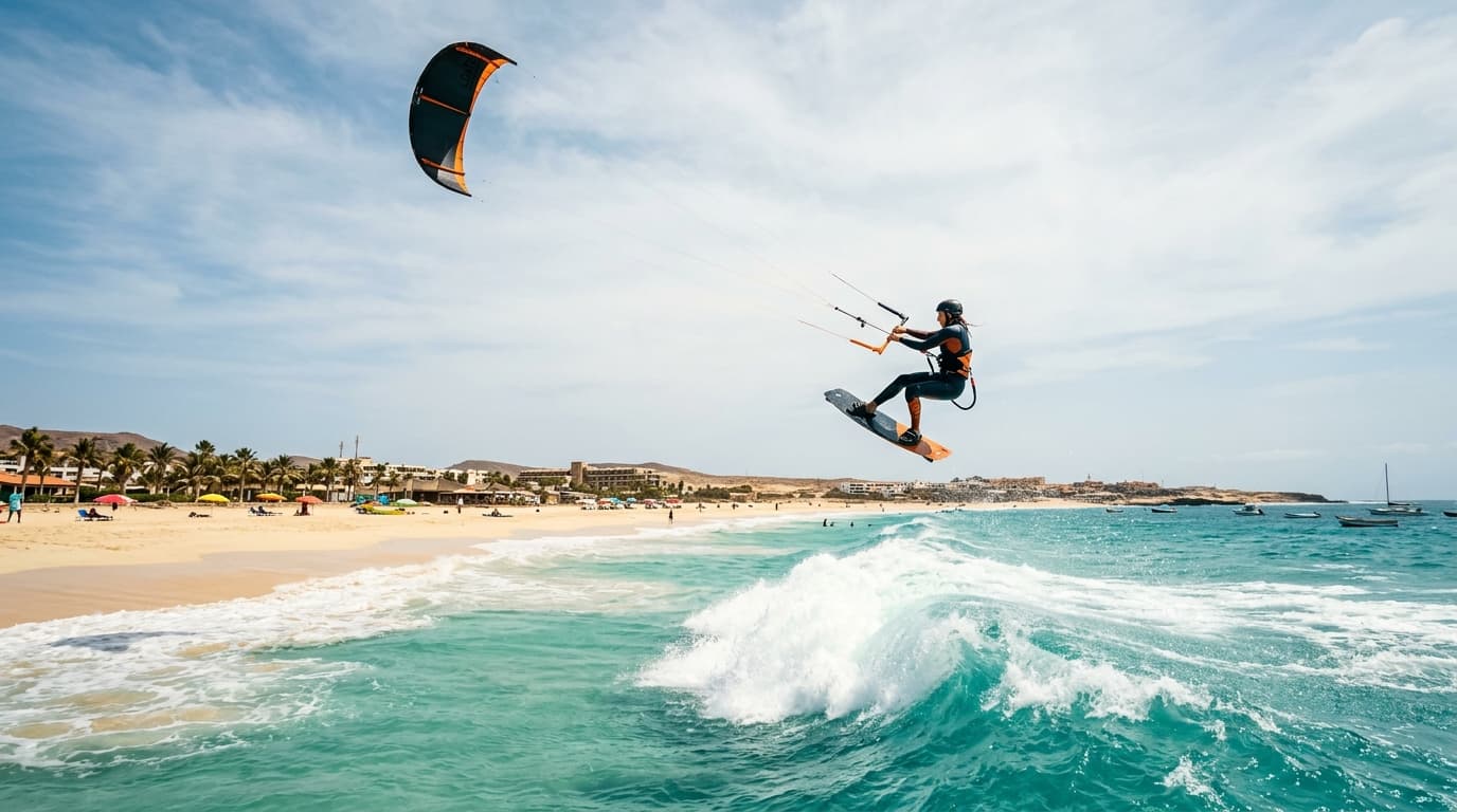 Ein Kitesurfer springt über eine Welle vor dem Strand von Santa Maria auf der Kapverden-Insel Sal.