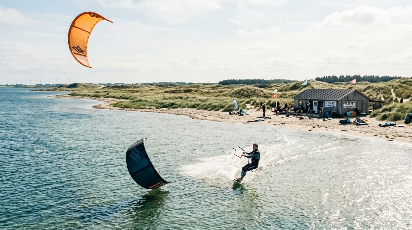 Kitesurfer gleitet über das flache, glitzernde Wasser des Ringkøbing Fjords in Dänemark vor dem Hintergrund der typischen Dünenlandschaft und einer Kiteschule am Ufer.