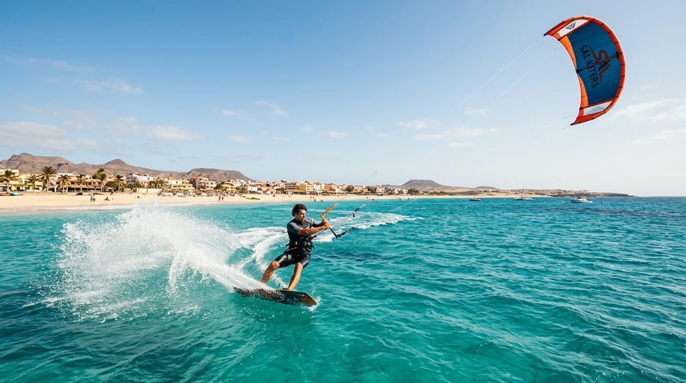 Ein Kitesurfer zieht seine Spuren im tuerkisfarbenen Wasser vor der Kueste von Santa Maria auf Sal, Kapverden.