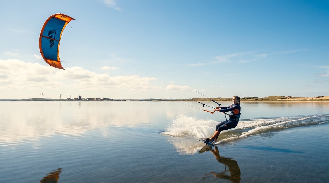 Ein Kitesurfer zieht bei strahlendem Sonnenschein und konstantem Wind seine Bahnen im spiegelglatten Stehrevier des Ringkøbing Fjords in Dänemark.