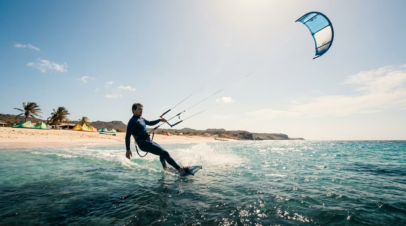 Kitesurfer am türkisfarbenen Wasser der Atlantis Beach auf Bonaire bei konstantem Passatwind