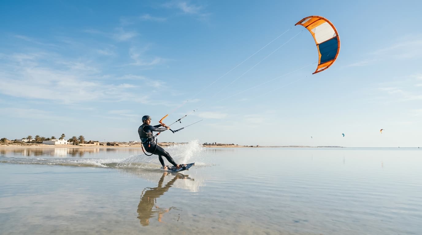 Kitesurfer gleitet über das spiegelglatte Flachwasser der riesigen Stehrevier-Lagune auf Djerba bei Sonnenschein.