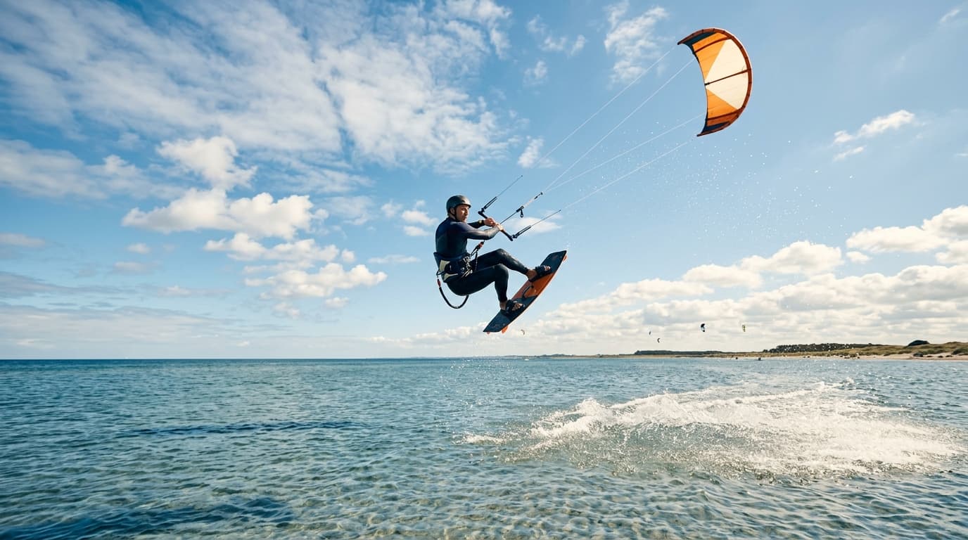 Kitesurfer springt über das flache Wasser im Stehrevier Gold auf Fehmarn bei sonnigem Windwetter