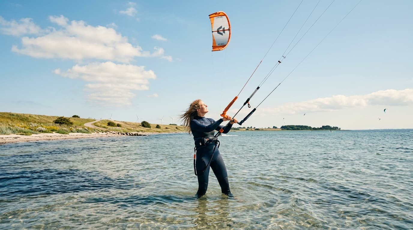 Kitesurfer im stehtiefen Flachwasser vor der Küste Fehmarns bei sonnigem Wetter