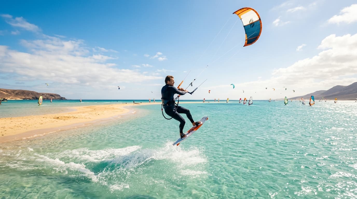Kitesurfer springt bei Sonnenschein über das türkisblaue Wasser der Lagune von Sotavento auf Fuerteventura mit Windsurf- und Kiteschirm im Hintergrund.