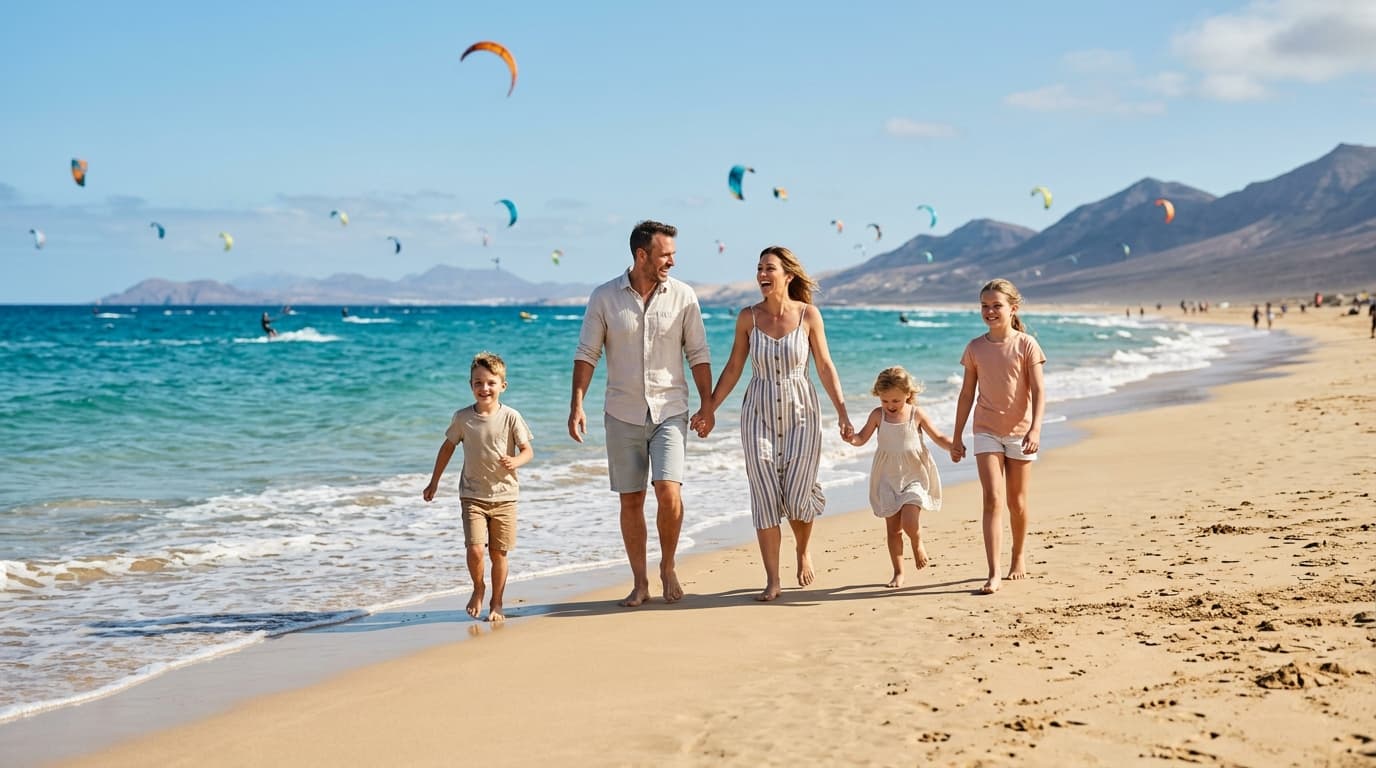 Familie am Sandstrand auf Fuerteventura mit Kitesurfern und bunden Kites im Hintergrund unter blauem Himmel