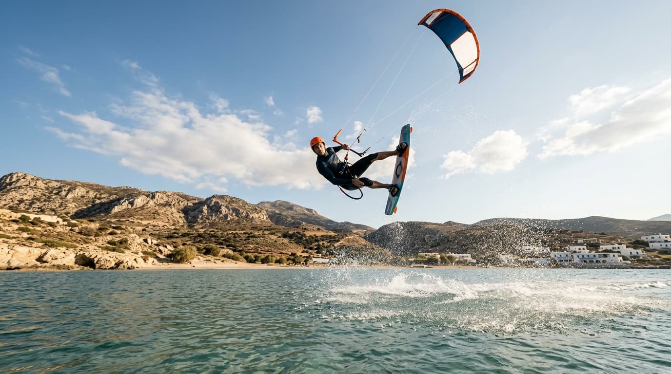 Kitesurfer springt einen Freestyle-Trick auf dem flachen Wasser am Spot Agrilaopotamos auf Karpathos bei starkem Meltemi-Wind