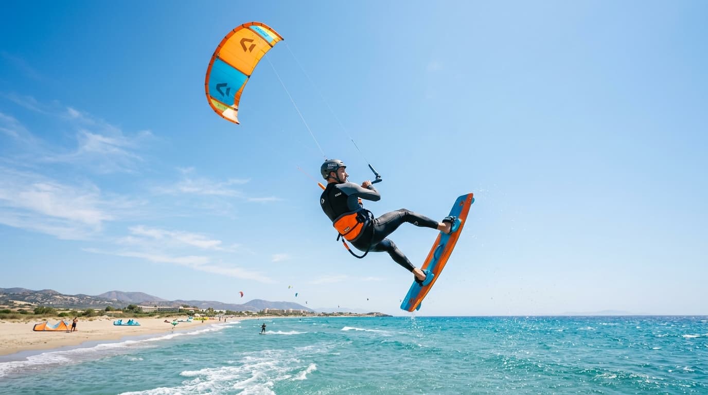 Kitesurfer springt bei Sonnenschein am Sandstrand von Marmari auf Kos mit buntem Kite vor türkisblauem Ägäis-Wasser.