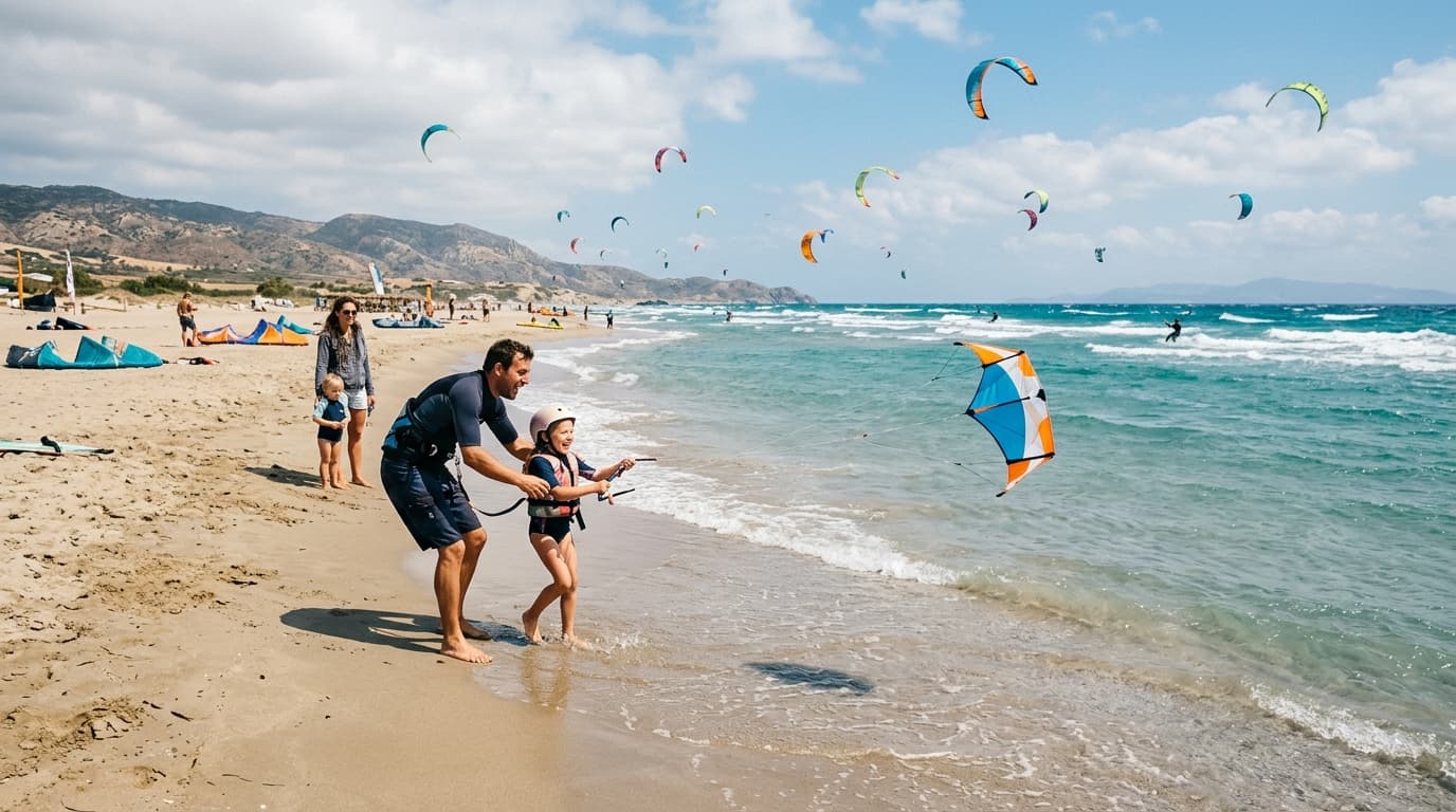 Familie beim Kitesurfen am flachen Sandstrand von Marmari auf Kos mit Meltemi-Wind im Hintergrund.