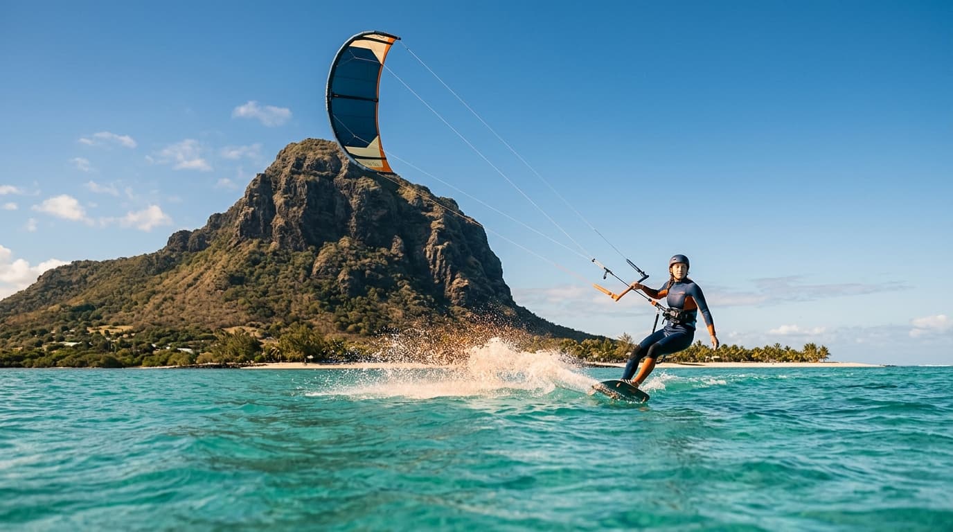 Ein Kitesurfer gleitet über das tuerkisfarbene Flachwasser der Lagune von Le Morne auf Mauritius, im Hintergrund ragt der markante Berg Le Morne Brabant unter blauem Himmel empor.