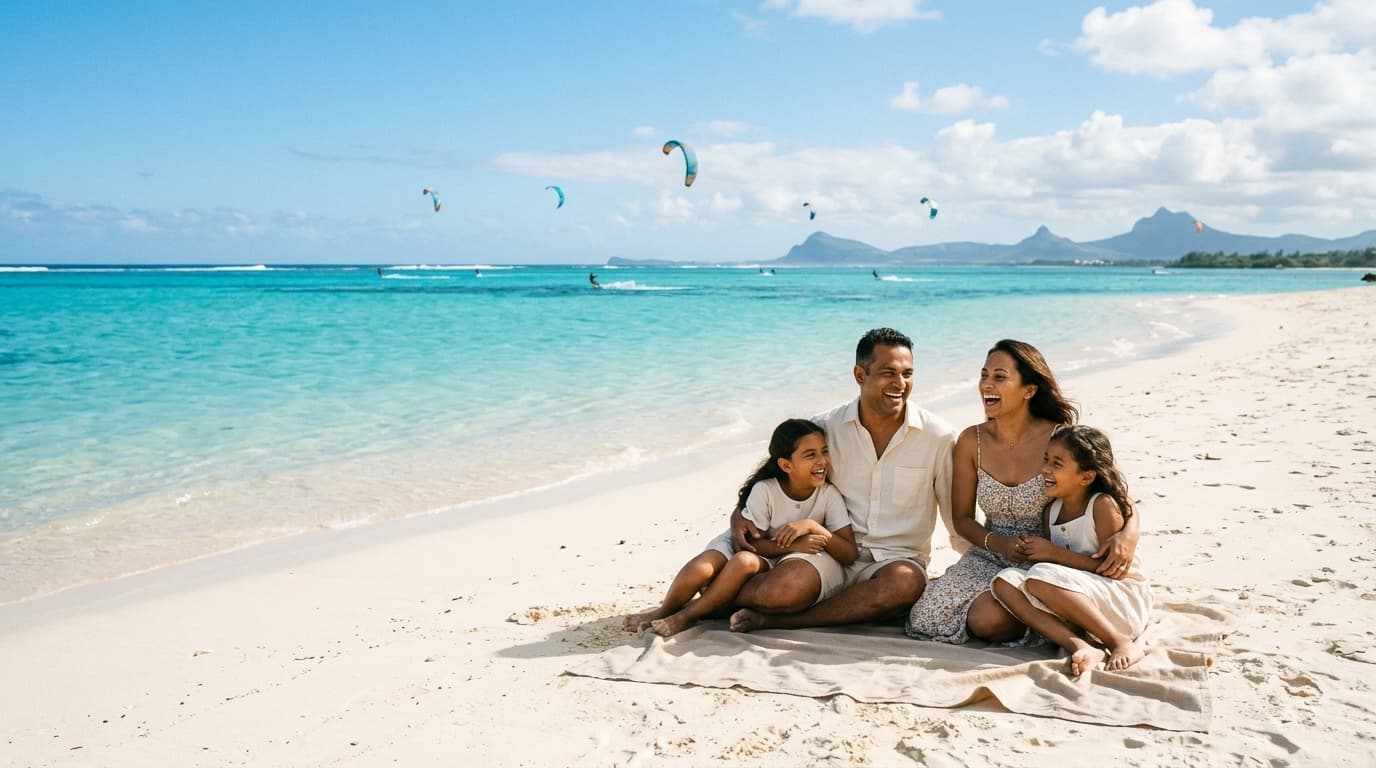 Eine glueckliche Familie am weissen Sandstrand von Mauritius vor einer tuerkisfarbenen Lagune mit Kitesurfern im Hintergrund bei sonnigem Wetter.