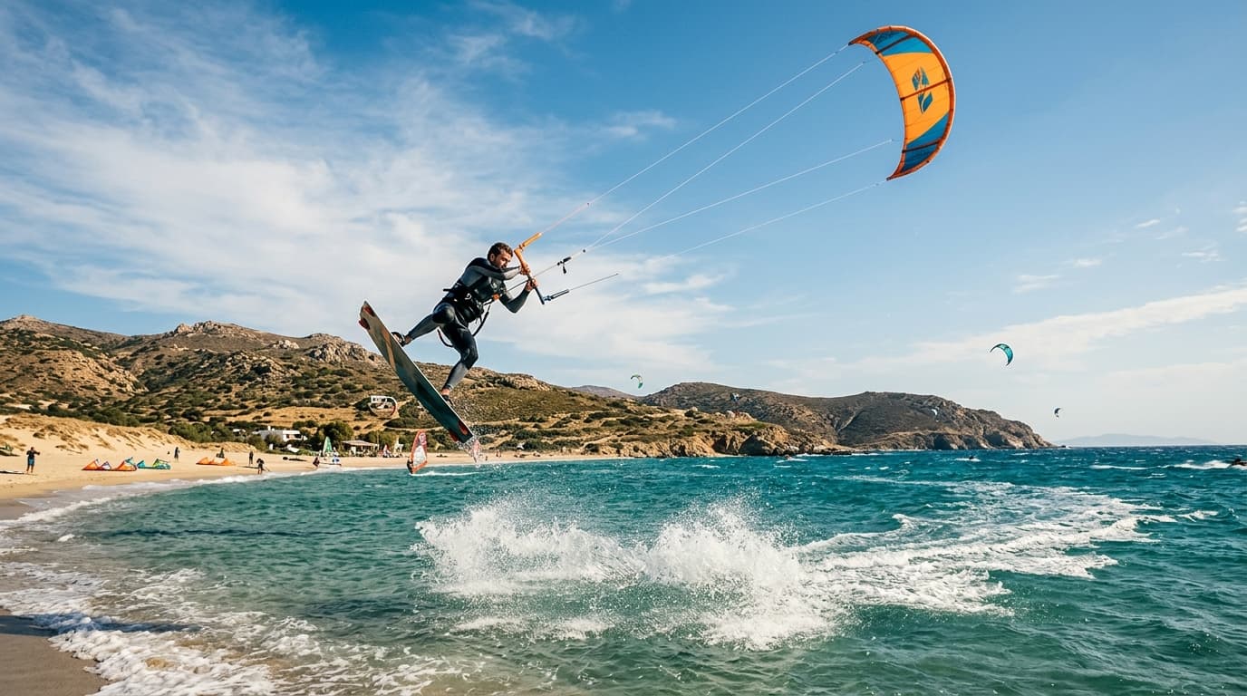 Kitesurfer in der türkisfarbenen Bucht von Mikri Vigla auf Naxos bei Side-Onshore Meltemi-Wind.