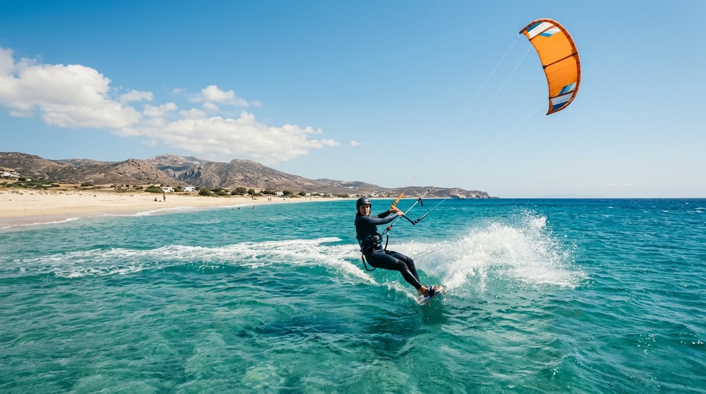 Kitesurfer auf dem türkisfarbenen Wasser vor dem Sandstrand von Mikri Vigla auf Naxos bei klarem Sommerwetter