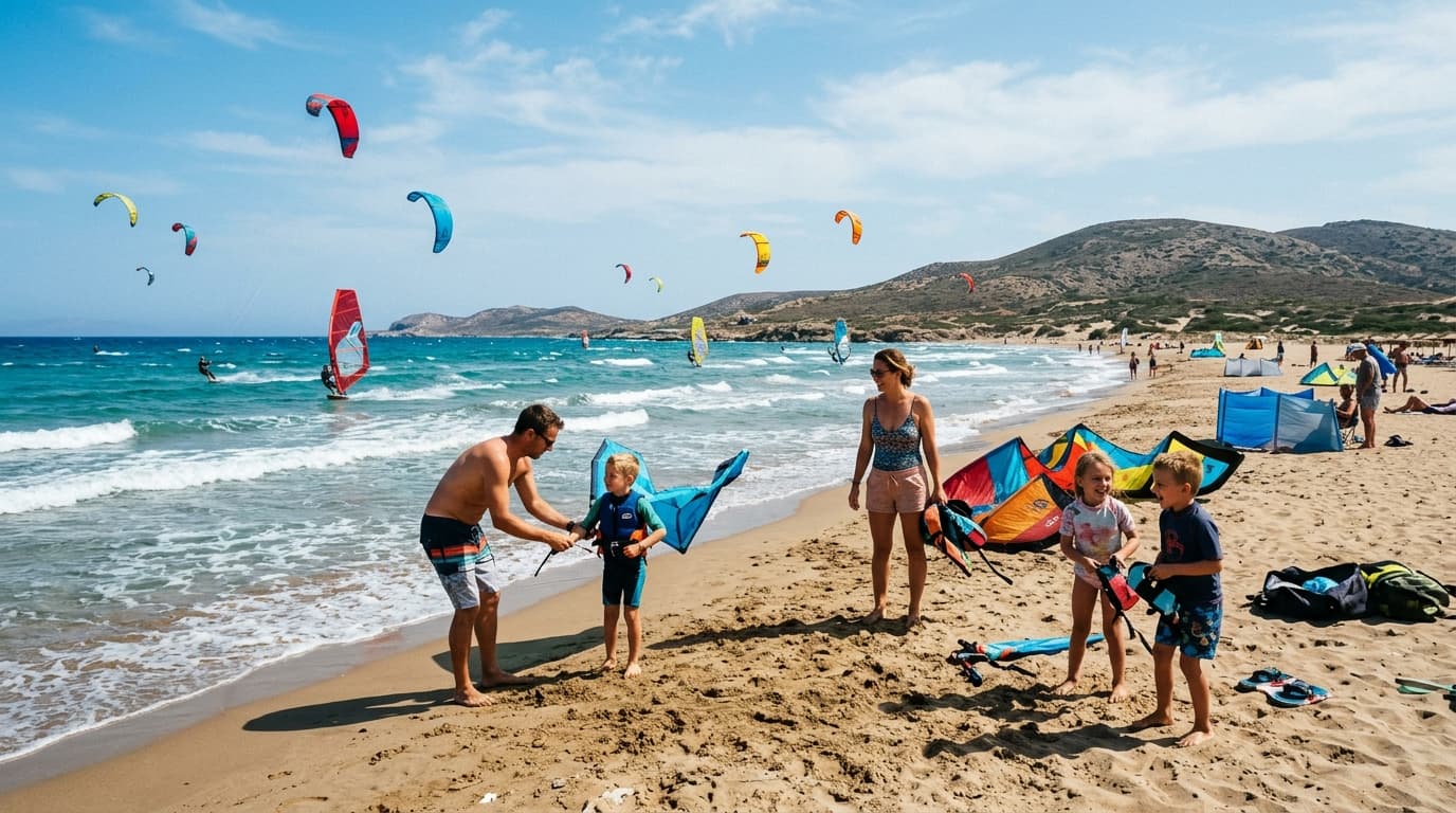 Familie am Strand von Rhodos beim Kitesurfen mit Kiteschirmen im blauen Meer bei Meltemi Wind