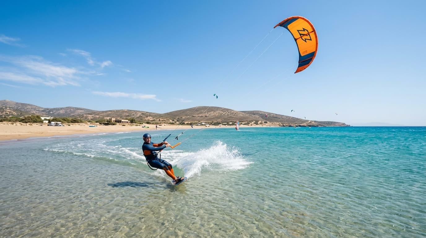 Kitesurfer im flachen Wasser an einem Sandstrand auf Rhodos bei klarem blauen Himmel