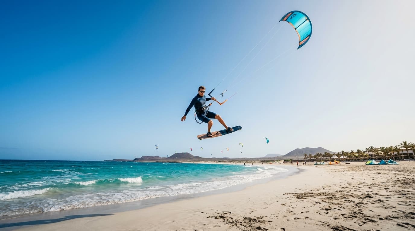 Ein Kitesurfer springt mit seinem Kite über das türkisfarbene Wasser am sandigen Kite Beach auf Sal unter strahlend blauem Himmel.