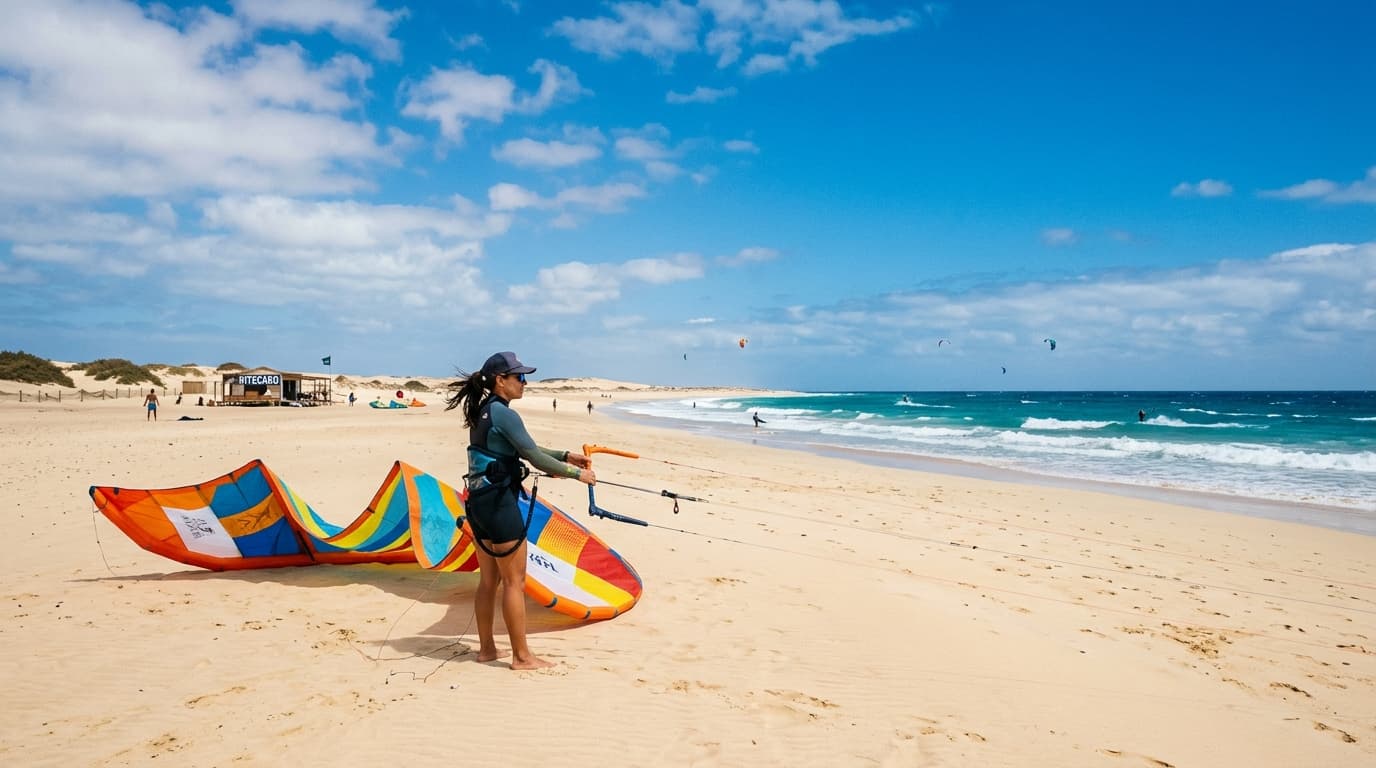 Ein Kitesurfer startet seinen bunten Schirm am breiten Sandstrand des Kite Beach auf Sal unter strahlend blauem Himmel.