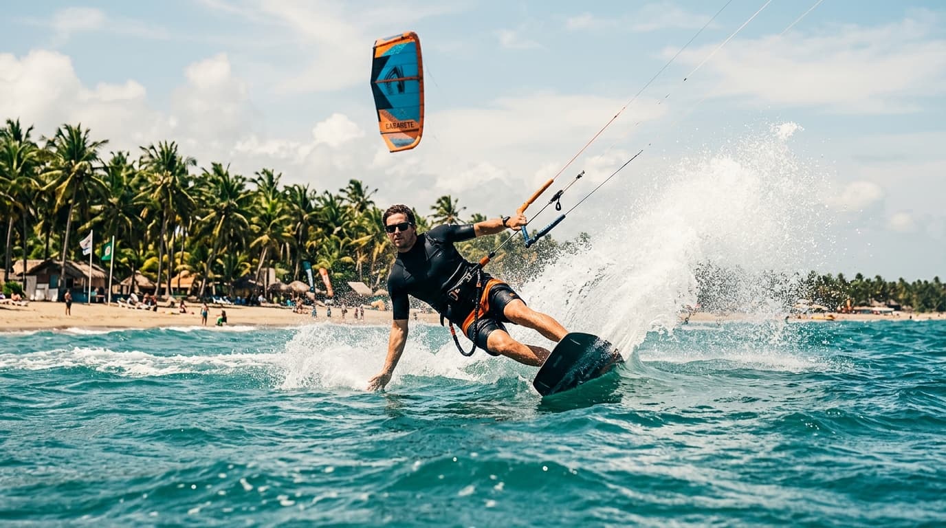 Kitesurfer auf dem türkisfarbenen Wasser vor dem Palmenstrand von Kite Beach in Cabarete, Dominikanische Republik