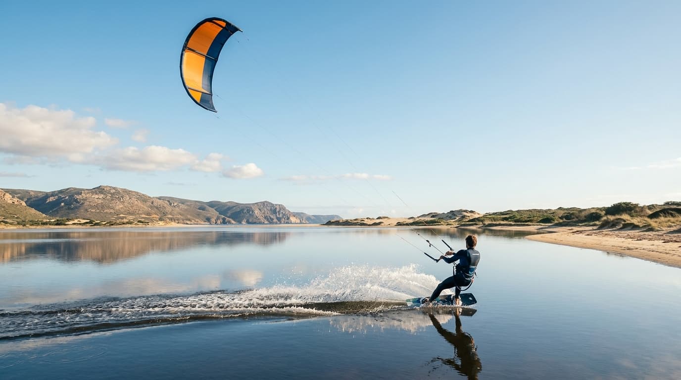 Kitesurfer gleitet bei Wind über das flache Wasser an einem weitläufigen Stehrevier.