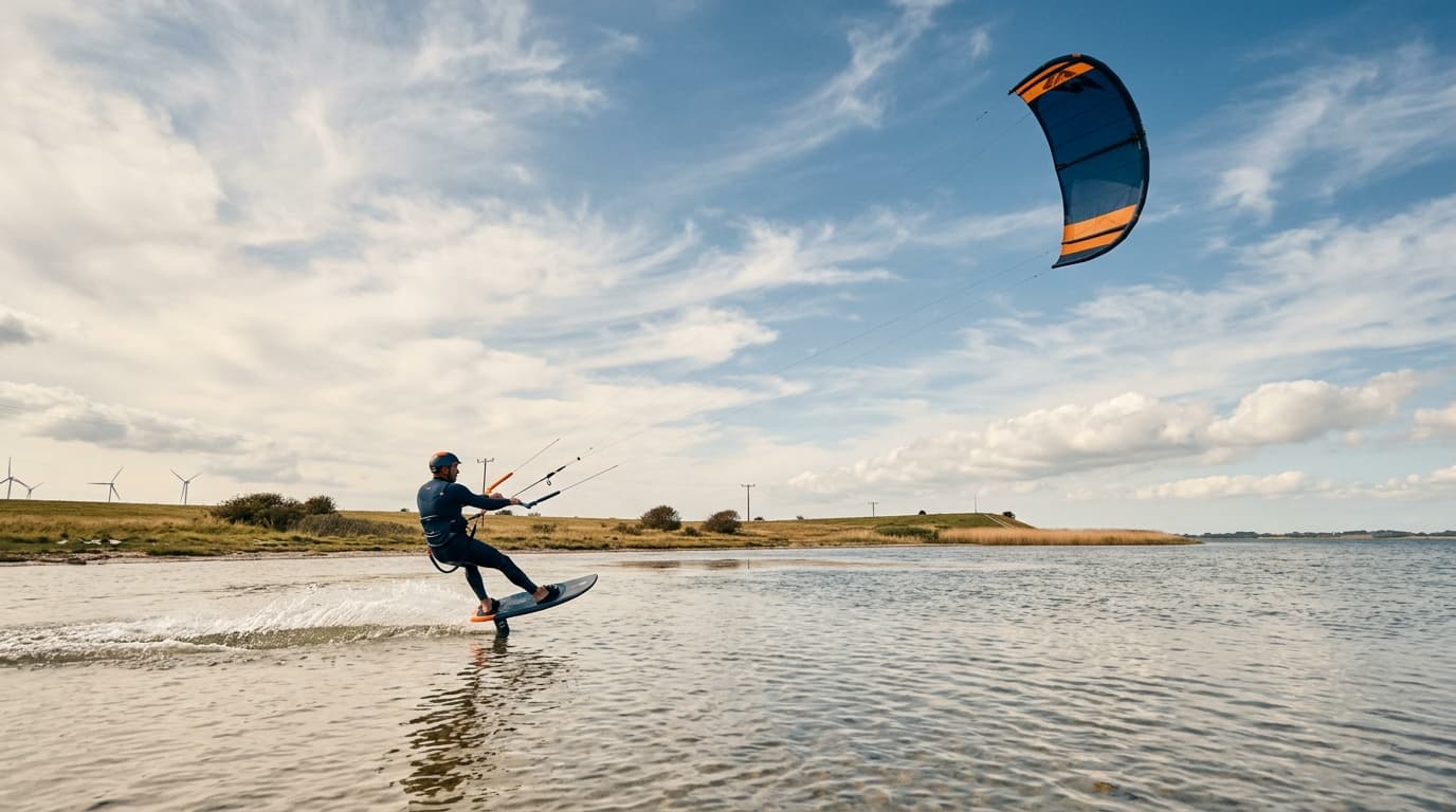 Kitesurfer gleitet bei Wind über das flache Wasser der Orther Reede nahe Gollendorf auf Fehmarn