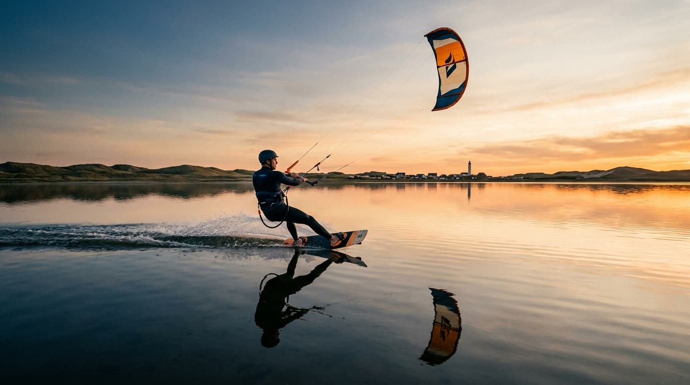 Ein Kitesurfer gleitet bei Sonnenuntergang über das spiegelglatte Flachwasser des Ringkøbing Fjords in Dänemark, im Hintergrund die Dünenlandschaft von Hvide Sande.